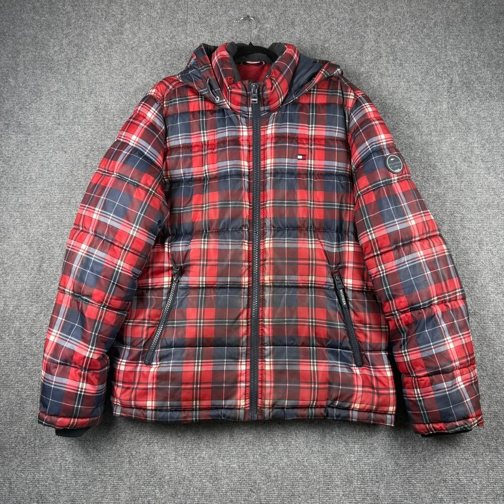 Puffer Jacket Tommy Hilfiger Men's Hooded Red/Navy/White Tartan Plaid